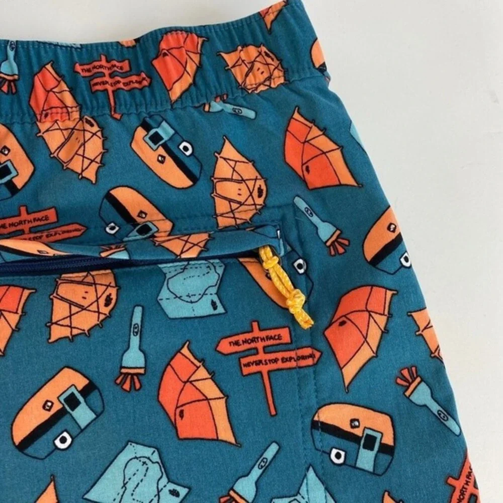 The North Face Allover Camping Print Shorts Men XL Blue Travel Coastal Beach NWT